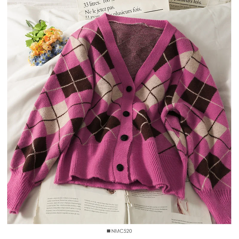 Daily Deals Diamond check single breasted V-Neck Sweater for women  1778