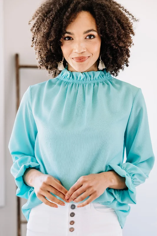 Deal of the Day Tried And True Aqua Blue Ruffled Blouse
