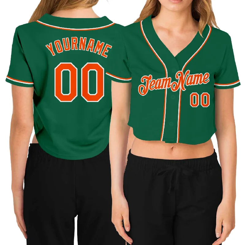 Bargain Prices Custom Women's Kelly Green Orange-White V-Neck Cropped Baseball Jersey
