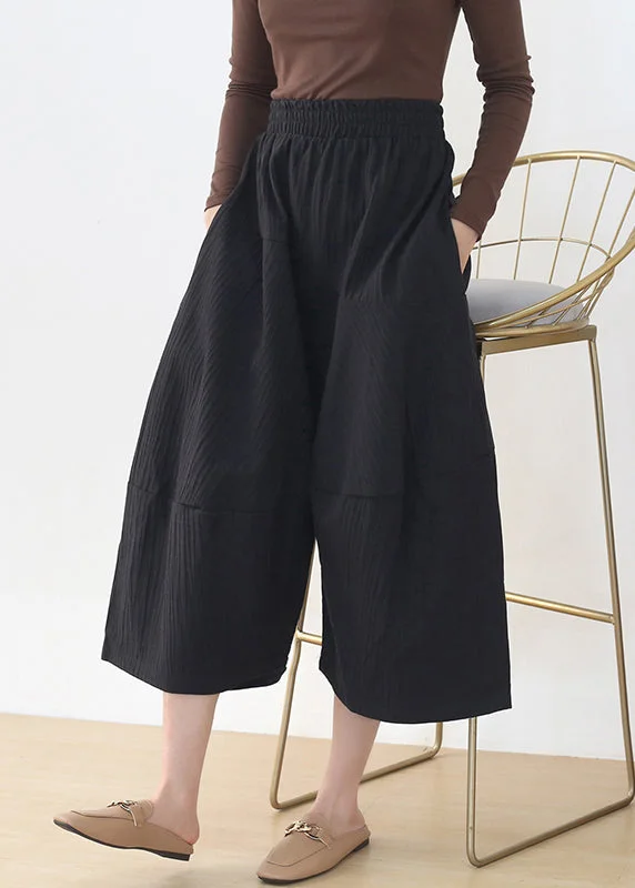 Savings Alert Casual Black Elastic Waist Pockets Linen Wide Leg Pants Fall
