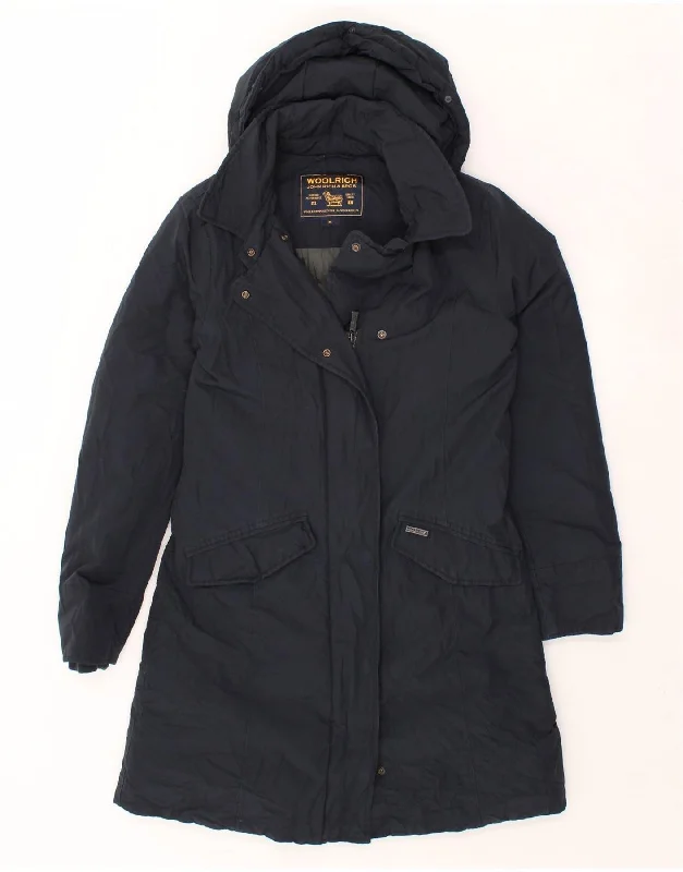 Steal Deal WOOLRICH Womens Hooded Padded Coat UK 14 Medium Navy Blue Cotton