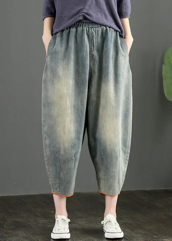 Online Only Casual Blue elastic Waist Pockets Denim Pants Spring