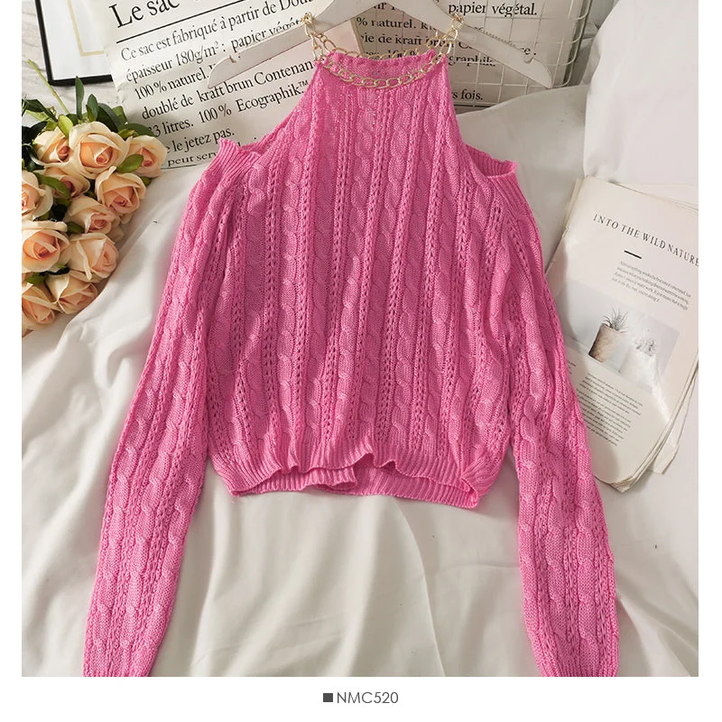 Final Sale Chain decoration hanging neck one shoulder loose knit  1769
