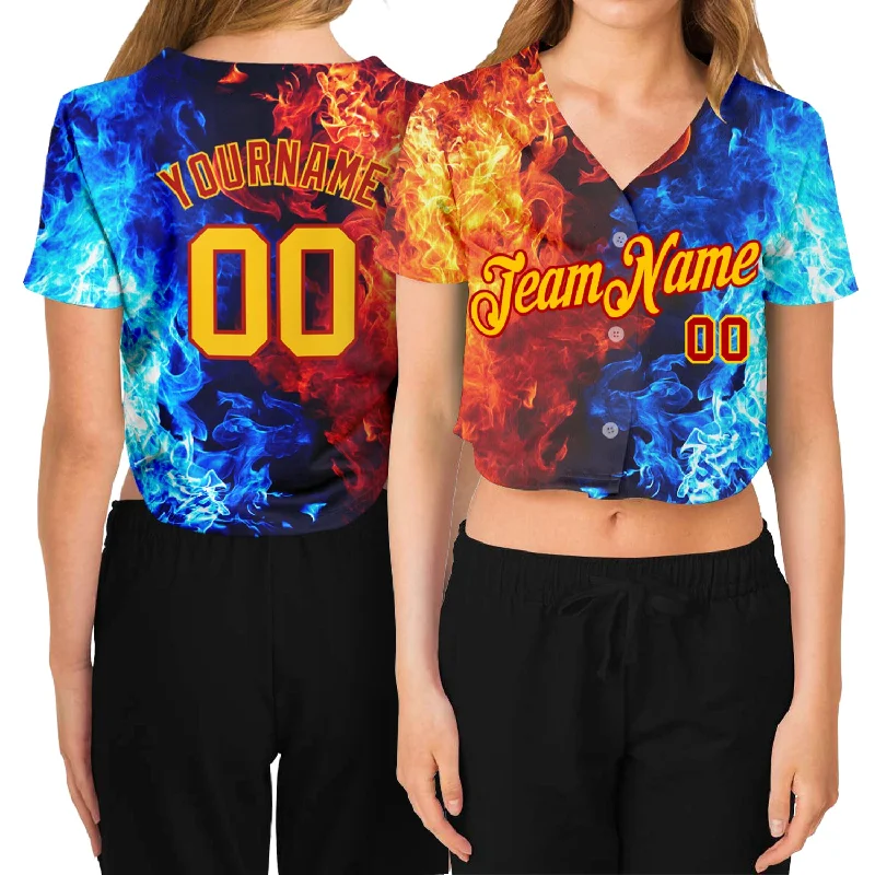 Price Rollback Custom Women's Red Gold Royal-Light Blue Flame 3D V-Neck Cropped Baseball Jersey