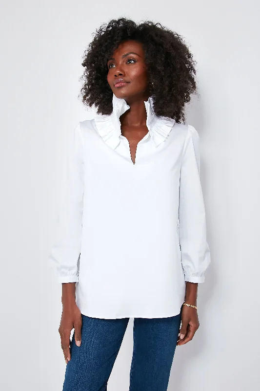 Weekend Specials to Grab White Stretch Poplin Ruffle Neck Bouvier Blouse