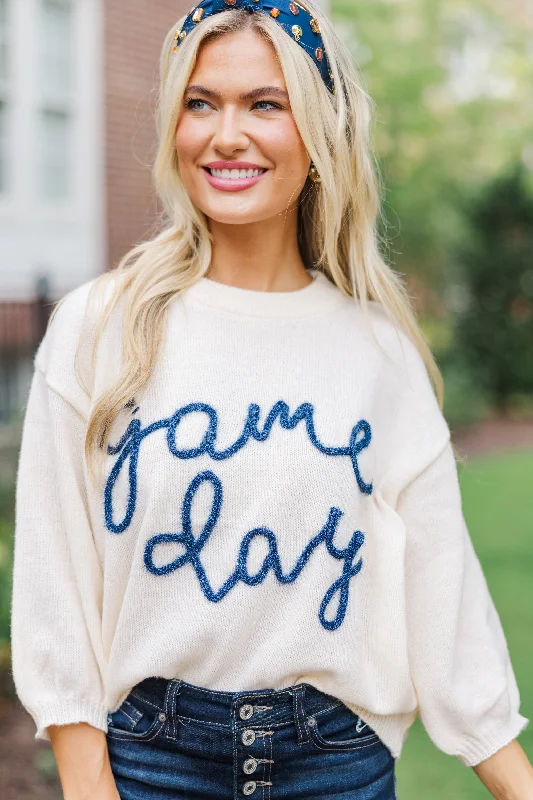 Exclusive Preview It's Game Day Ivory/Navy Puff Sleeve Sweater