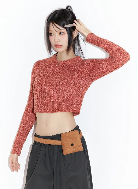 Special Offer Slim-Fit Collared Zip Crop Top IO430
