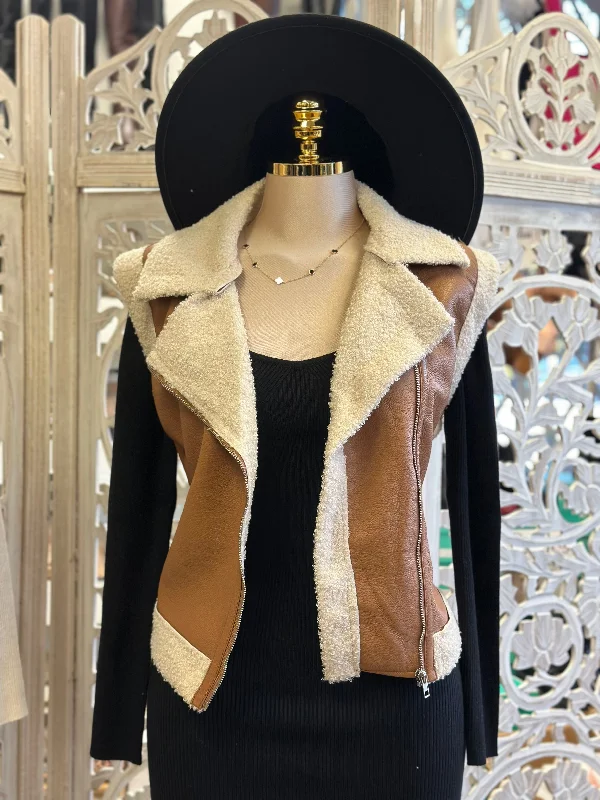 Super Savings Sherpa Faux Leather Brown Vest- Slightly Stretchy, Estira Poco