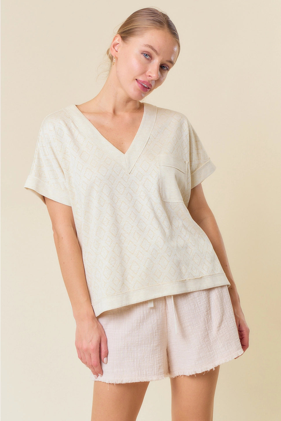 Weekend Specials to Love Jacquard V-Neck Dolman Short Sleeve Top