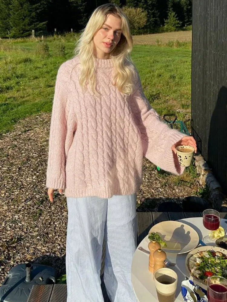 Weekend Offers That Shine Elegant Sweet Pink Round Neck Knitted Women Casual Long Sleeve Loose Warm Sweater