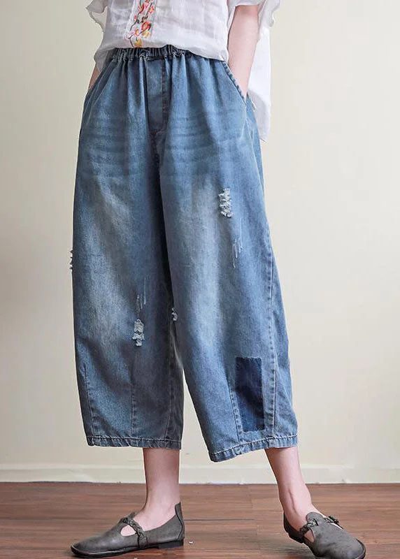 Weekend Bargains to Love Chic Blue Pockets Elastic Waist Patchwork Cotton Crop Pants Summer