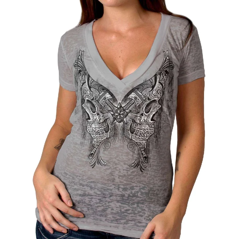 Deep Savings Hot Leathers Ladies Burnout Cotton Butterfly Skulls V-Neck T-Shirt GLC1538 Deep Savings Hot Leathers Ladies Burnout Cotton Butterfly Skulls V-Neck T-Shirt GLC1538