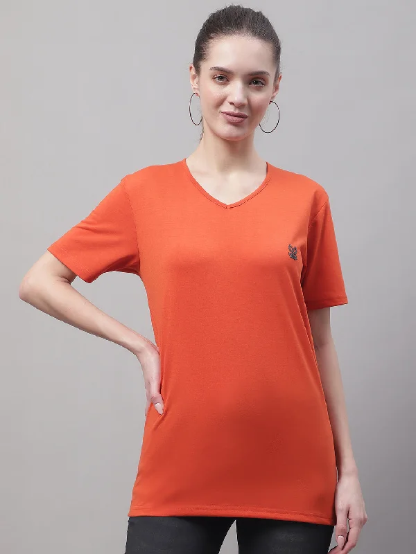 Today’s Deal Vimal Jonney V Neck Cotton Solid Rust T-Shirt for Women