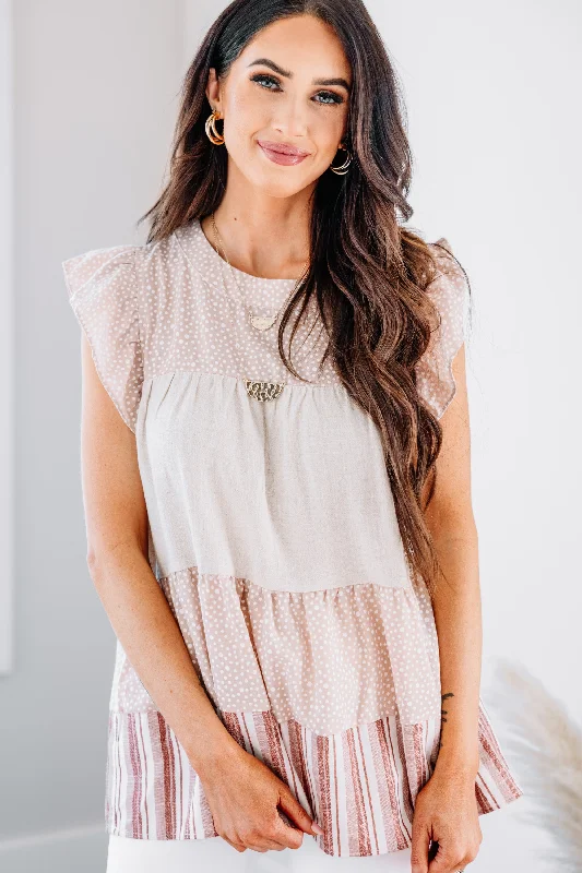 Act Fast Looking Like Fun Latte Brown Mixed Print Babydoll Top