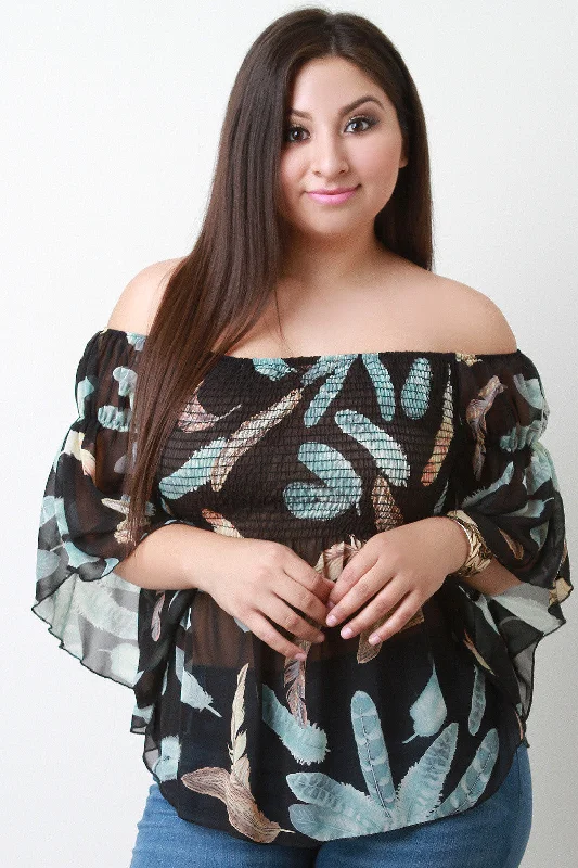 Shop and Save Off The Shoulder Feather Print Chiffon Top