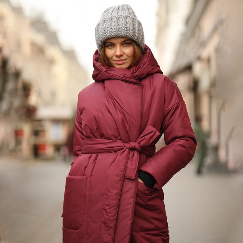 Discount Extravaganza Snow Thickened Coat Hooded Belt Long Cotton Padded Jacket Women