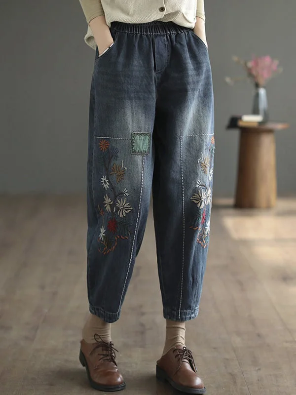 Exclusive Deal Casual Loose Embroidered Elasticity Harem Denim Pants