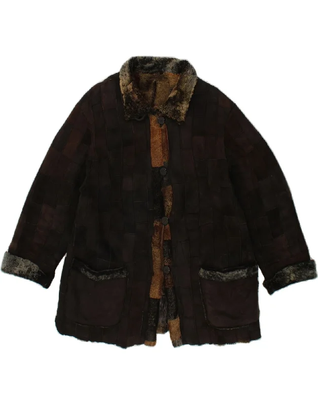 Closeout VINTAGE Womens Shearling Coat EU 42 Large Brown Patchwork Shearling