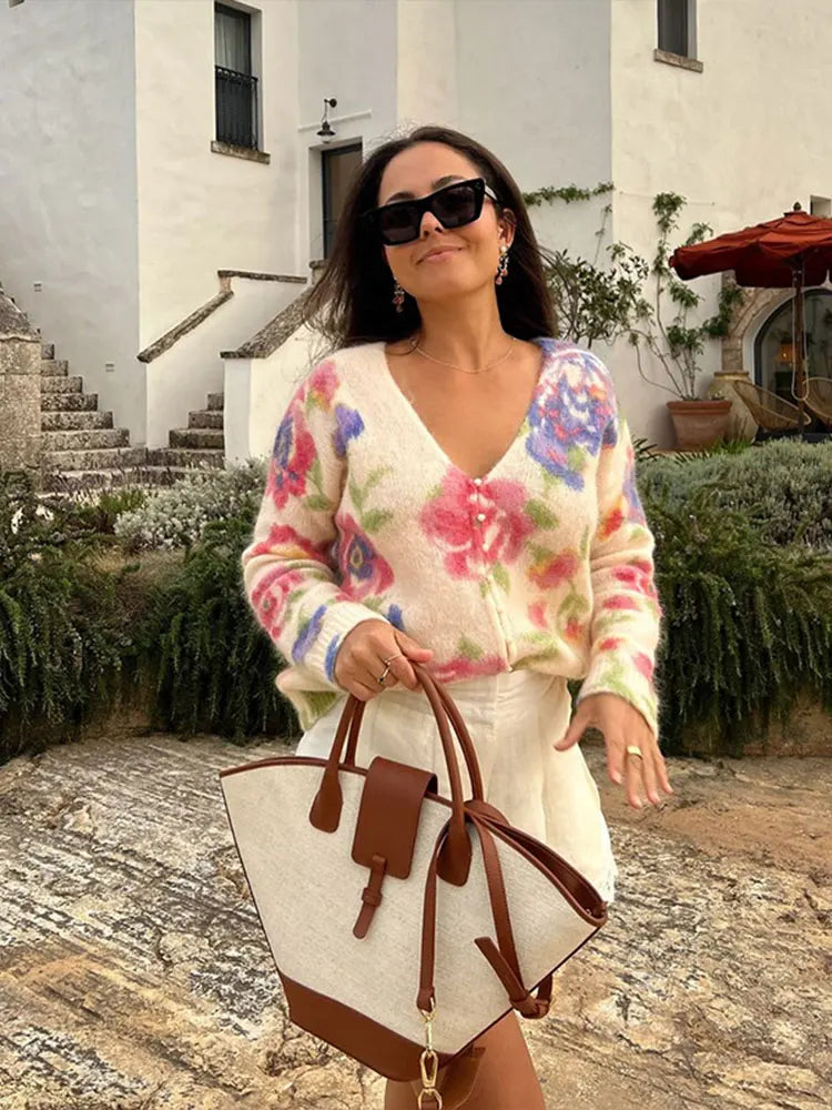 Amazing Deals Elegant Flower Print Backless Knitted Women Fashion V Neck Long Sleeve Sweater