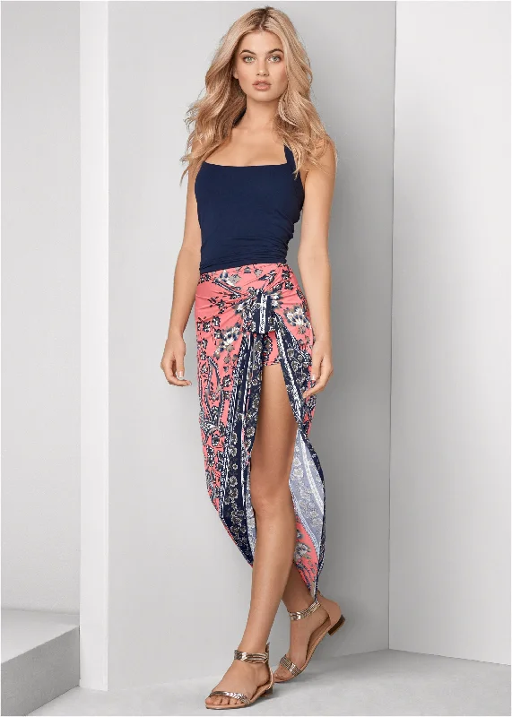 Early Bird Print Wrap Skirt - Coral Multi