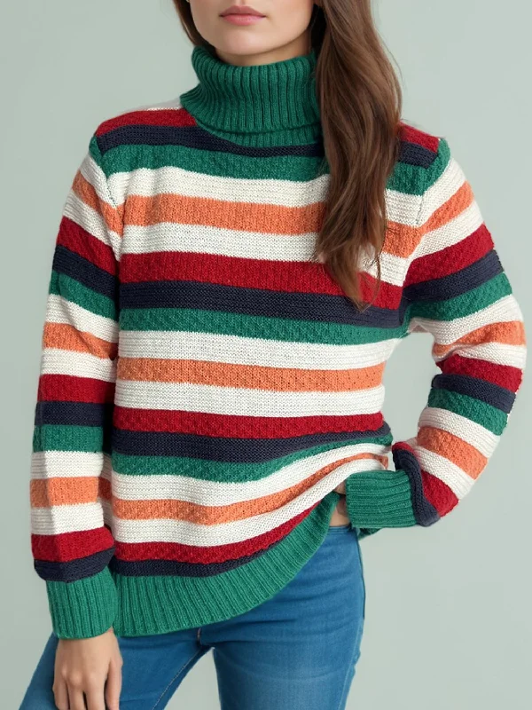 Unmissable Offer Contrast Stripes Turtleneck Long Sleeve Sweater