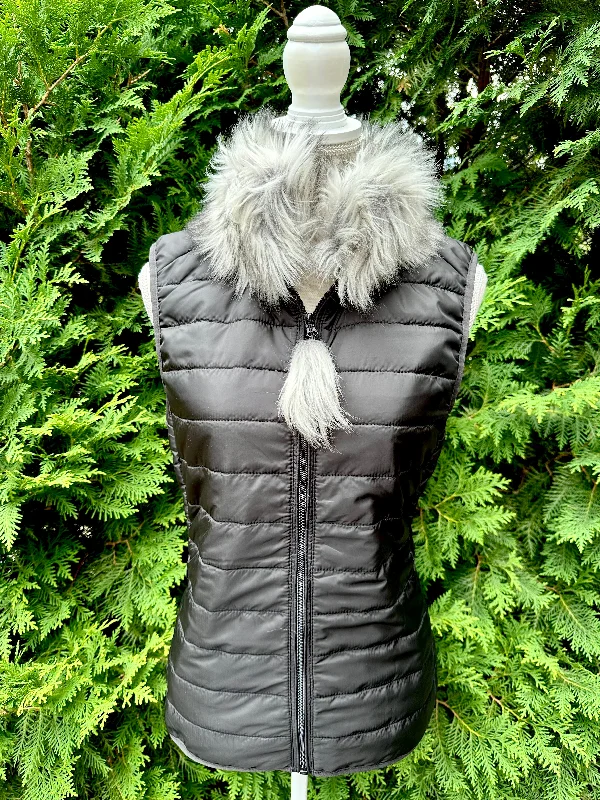 Closeout Deal Blondie Black Puffer Vest w Silver Fox Faux Fur (PFFBlack 05)
