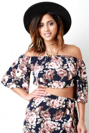 Limited Availability Textured Floral Print Bell Sleeves Bardot Top