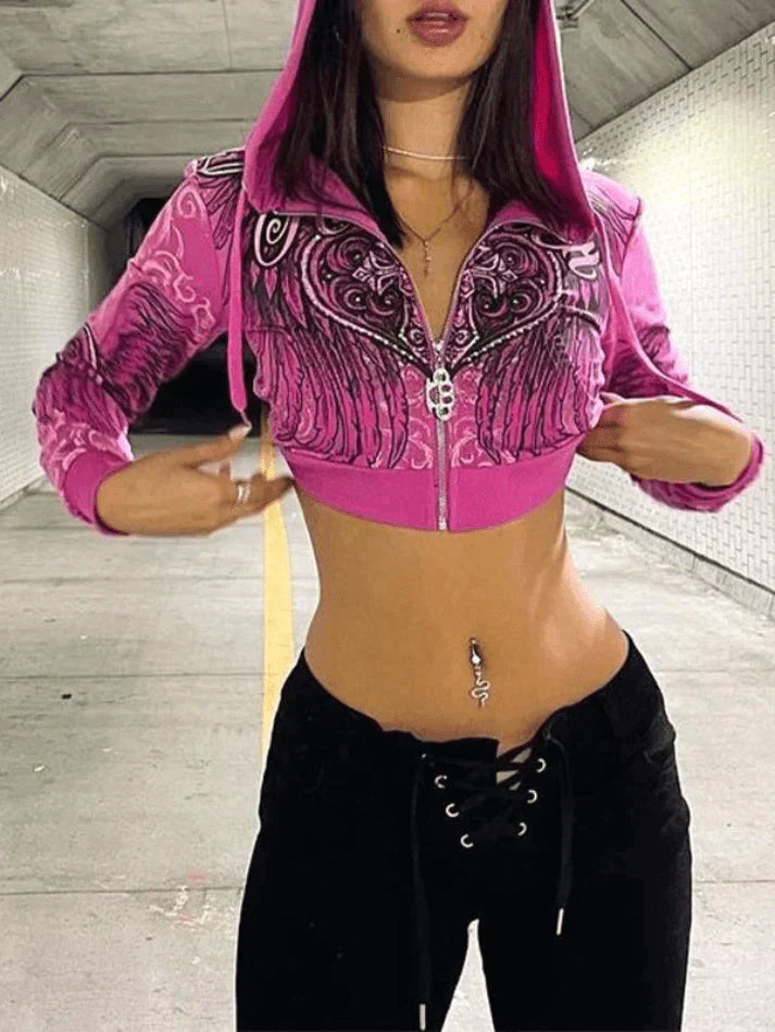 Friends and Family Sale Winged Heart Zip-Up Cropped Hoodie