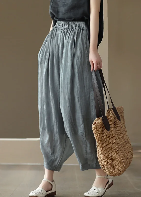 Weekend Shopping Made Better Casual Grey Elastic Waist Pockets Patchwork Linen Lantern Pants Summer