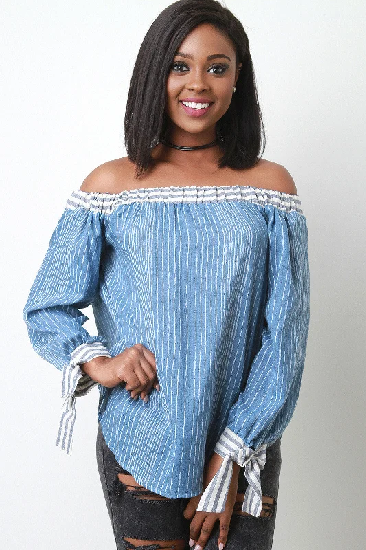 Super Bargain Striped Chambray Bardot Top