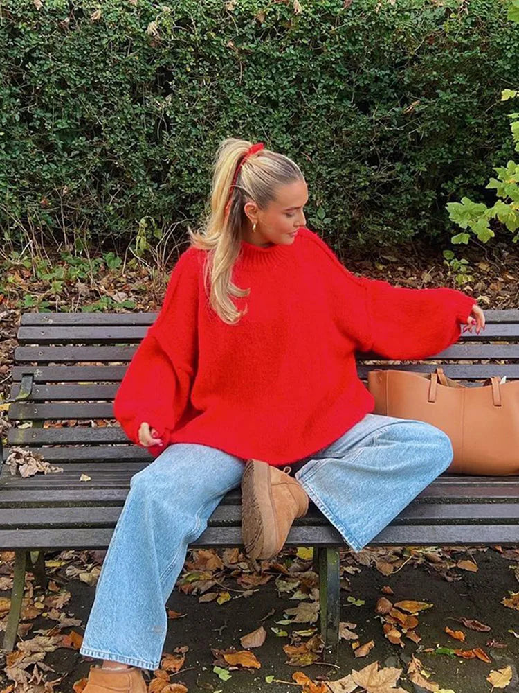 Price Cut Round Neck Solid Color Women's Casual Long Sleeve Loose Sweater