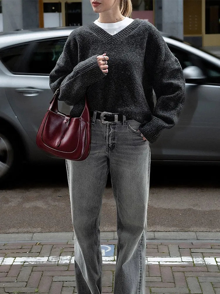 Exclusive Preview Fashion Solid Color V Neck Knitted Pullover Women Casual Long Sleeves Loose Sweater