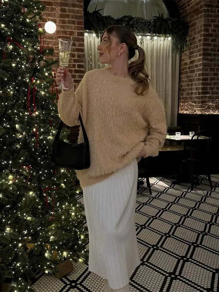 Weekend Savings Sensation Elegant Solid Round Neck Warm Pullover For Women Casual Long Sleeves Loose Sweater