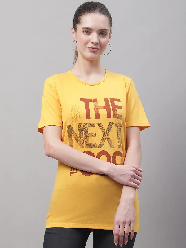 Deal of the Day Vimal Jonney Round Neck Cotton Printed Yellow T-Shirt for Women