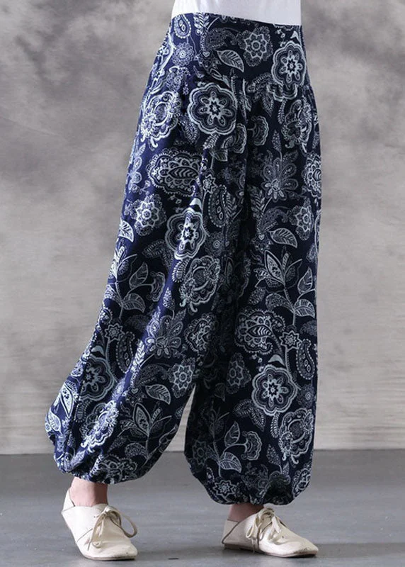 Hurry Up Bohemian Navy Print Elastic Waist Patchwork Cotton Lantern Pants Summer