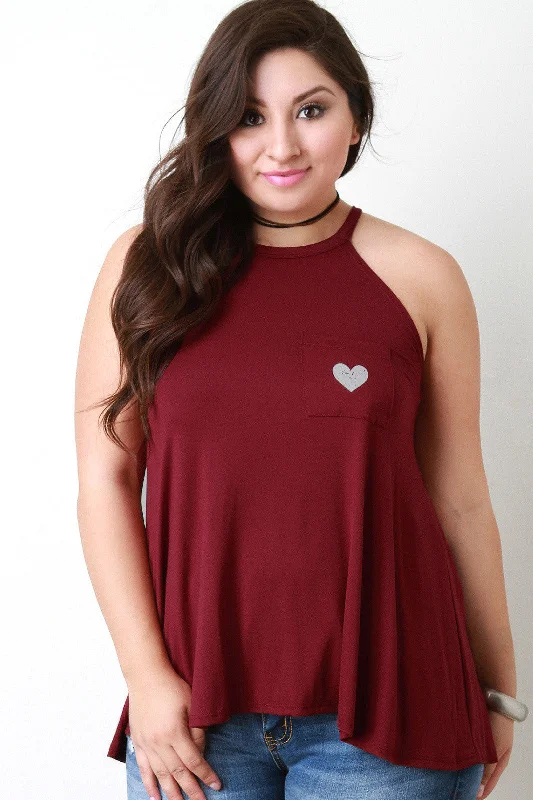 Bargain Alert Mock Neck Sleeveless Heart Pocket Tank Top