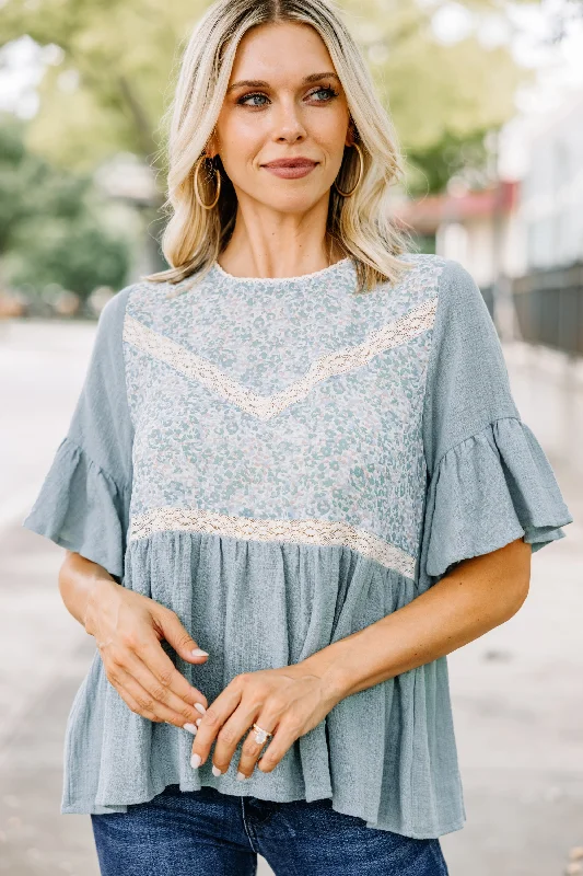 Stock Clearance Be True Dusty Blue Lace Blouse