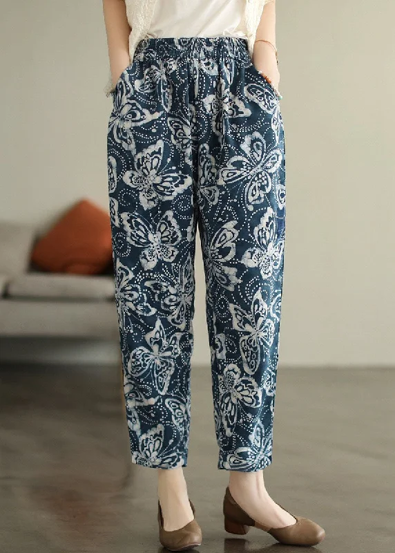 Weekend Deals to Make You Smile Bohemian Navy Elastic Waist Print Cotton Crop Pants Fall