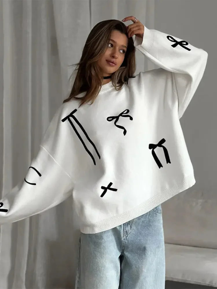 Savings Alert Elegant Bows Printed Round Neck Knitted Pullover Women Casual Long Sleeve Cropped Sweater