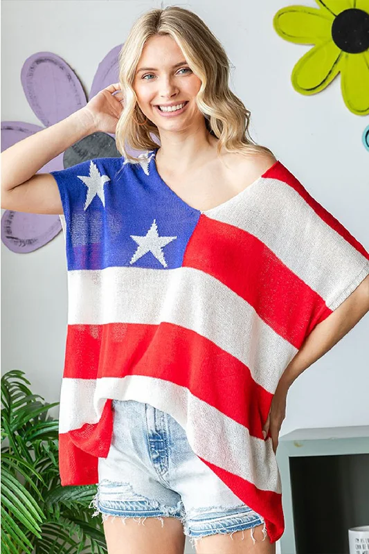 Quick Sale First Love Full Size USA Flag Drop Shoulder Knit Top