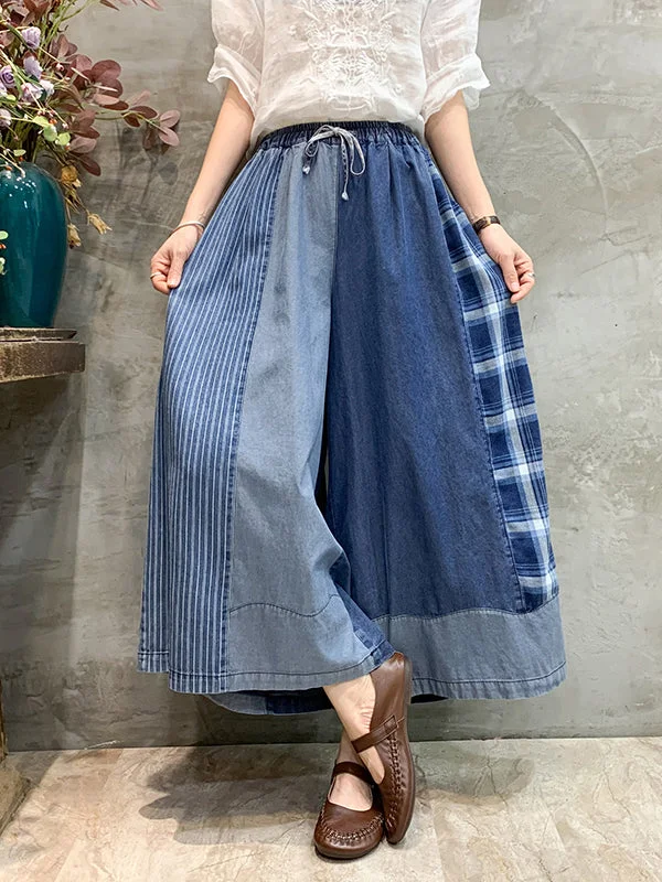 Value Deals Casual Drawstring Elasticity Plaid Split-Joint Ninth Denim Pants
