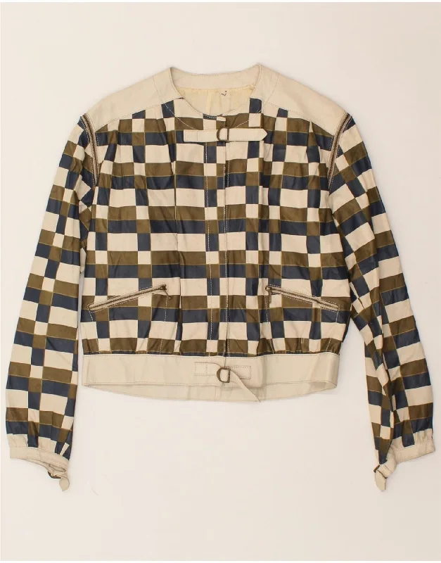 Bargain Alert VINTAGE Womens Crop Leather Jacket IT 42 Medium Khaki Geometric Leather Bargain Alert VINTAGE Womens Crop Leather Jacket IT 42 Medium Khaki Geometric Leather