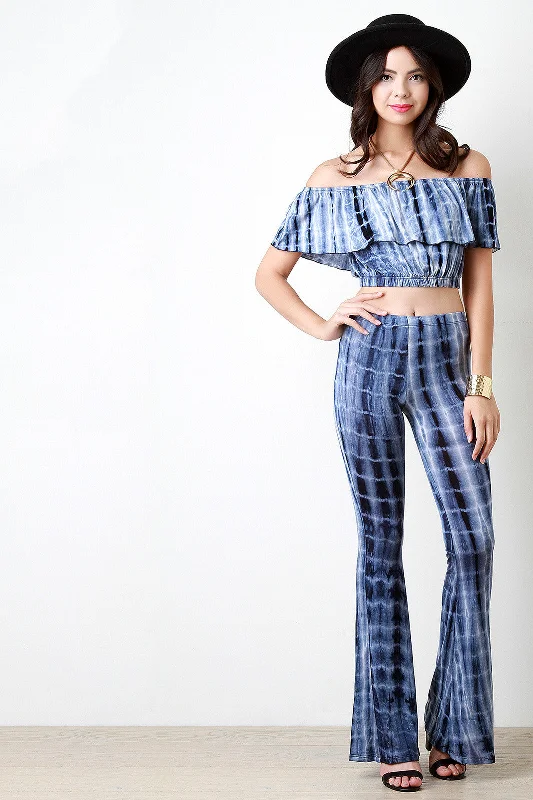 Stock Up Tie Dye Ruffle Off The Shoulder Crop Top