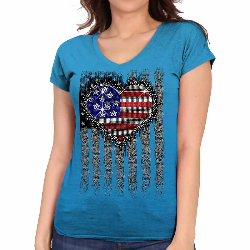 Deal Mania Hot Leathers GLC1560 Ladies Sapphire Short Sleeve Heart Bling T-Shirt