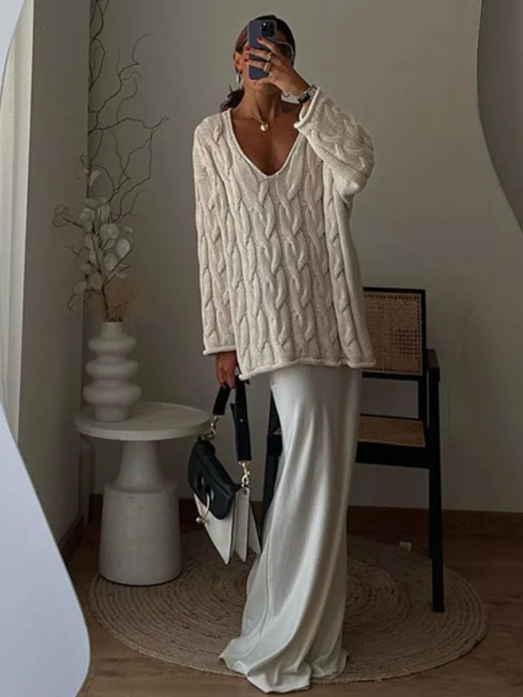 Price Smash Sexy Solid Off Shoulder Deep V Neck Knitted Long Sleeve Women's Pullover Sweater
