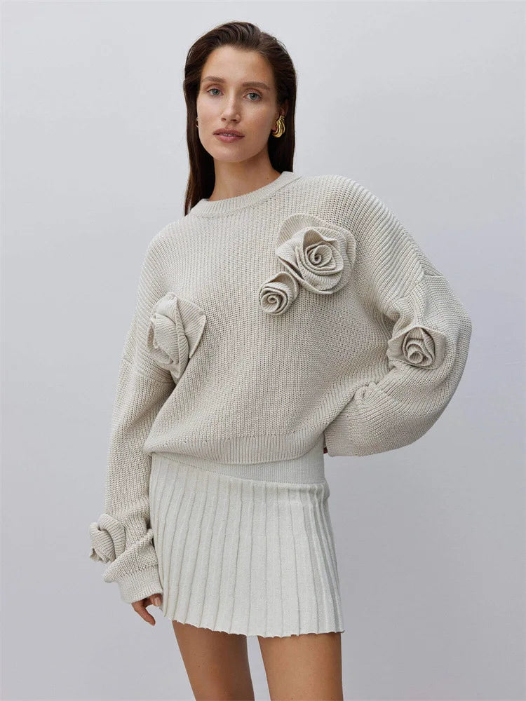 Clearance Items Fashion 3D Rose Round Neck Knitted Pullover Women Casual Long Sleeves Loose Sweater