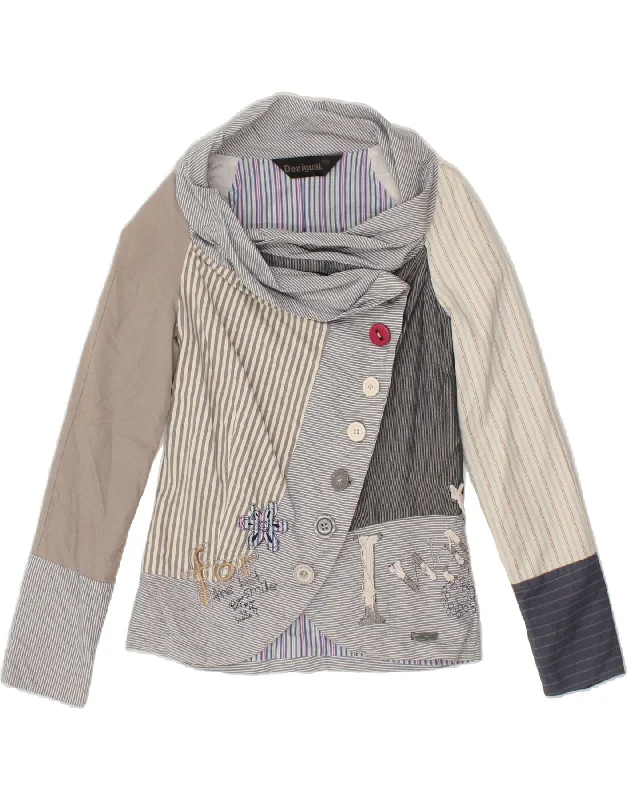 Weekend Offers That Please DESIGUAL Womens Graphic 6 Button Blazer Jacket EU 42 Large Grey Patchwork