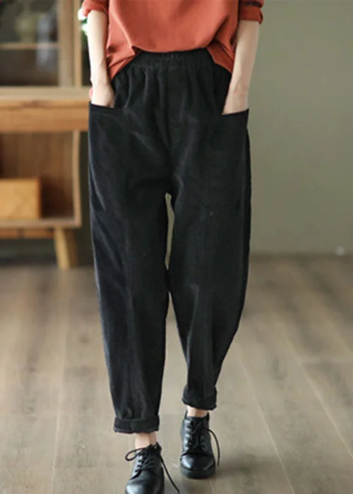Massive Deal Casual Black Elastic Waist Patchwork Pockets Corduroy Pants Spring