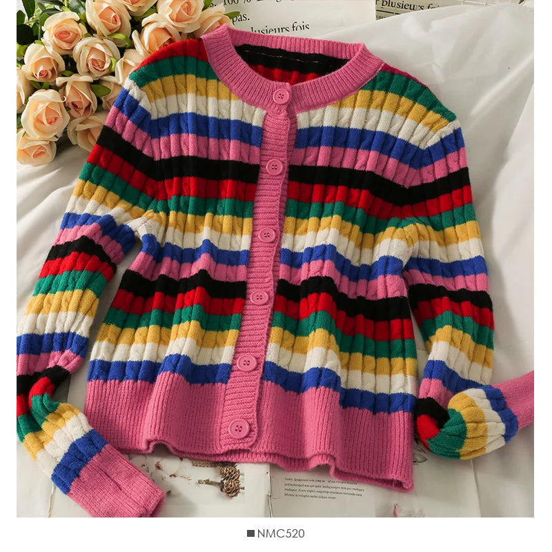 Super Sale Elegant color stripe single breasted thin women's sweater  1788