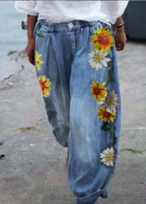 Final Clearance Bohemian Blue Oversized Sunflower Print Denim Harem Pants Summer